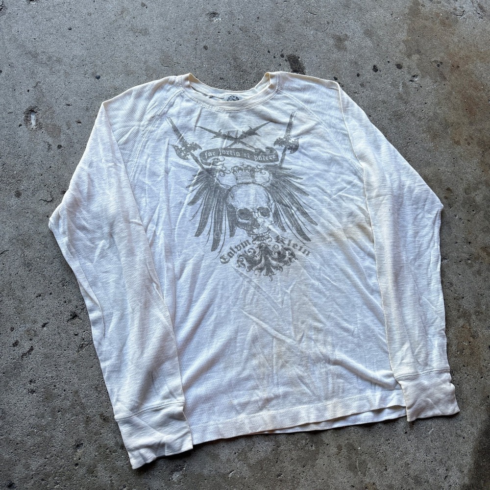 Calvin Klein Mens White Thermal Long Sleeve Skull Graphic Shirt Size M